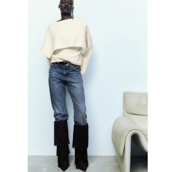 Zara FRINGED HEELED LEATHER KNEE HIGH BOOTS - Picture 8 of 9